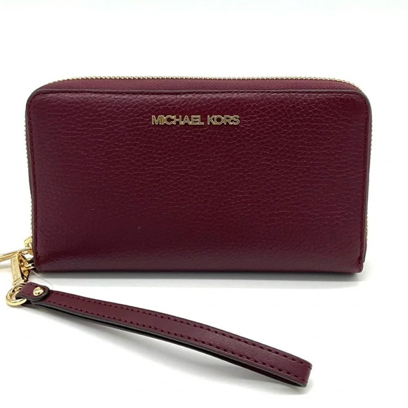D Michael Kors Large Flat Mf Phone Case Wallet Ruby Red Leather (NWT) - Picture 1 of 8